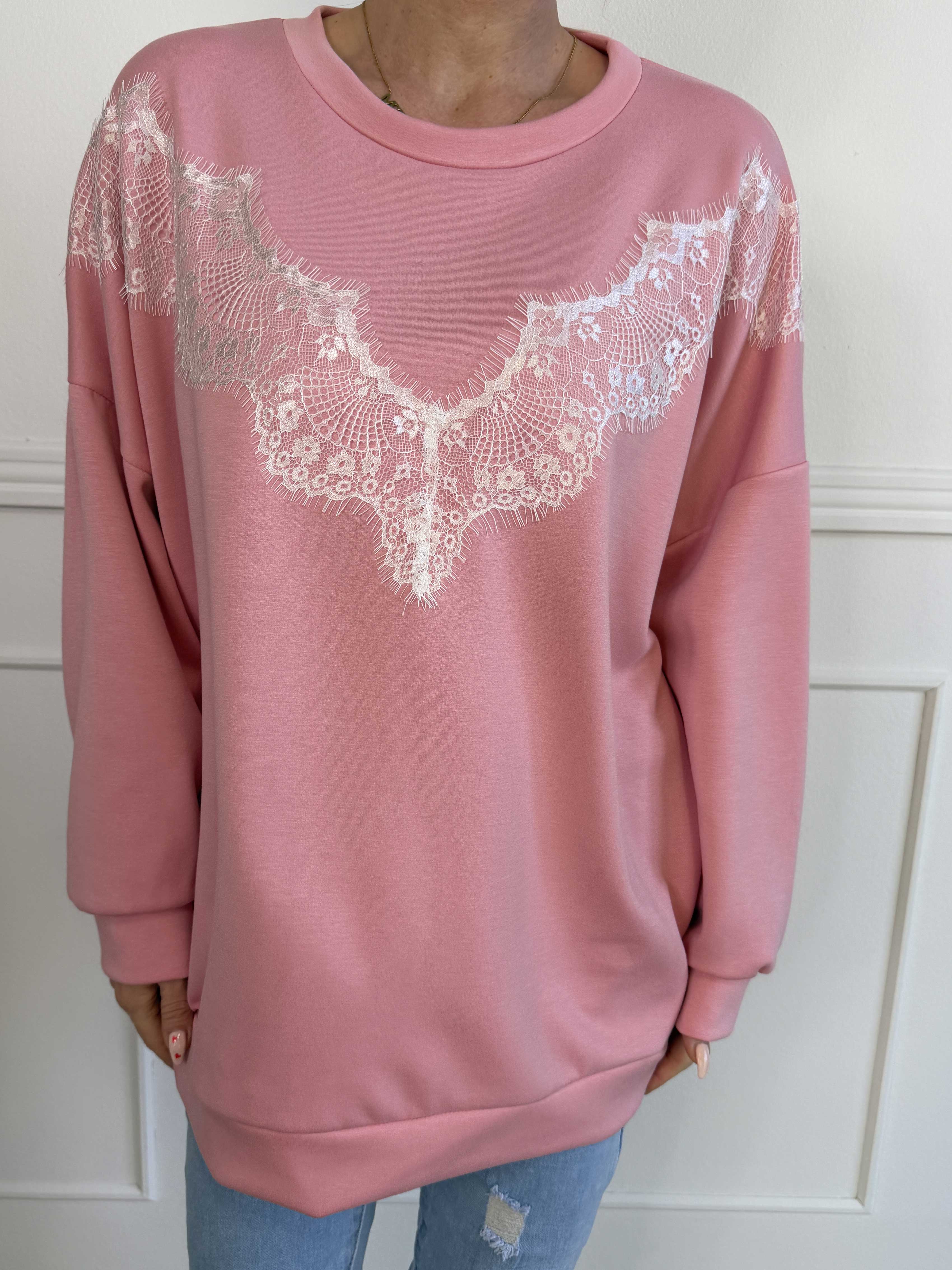 Abbelone - Joggingbluse i viskose med blonde henover brystet